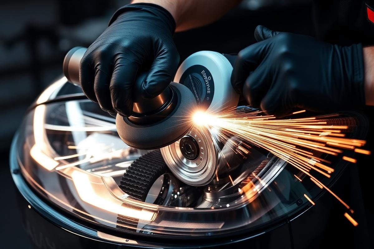 Technician polishing an oxidised headlight